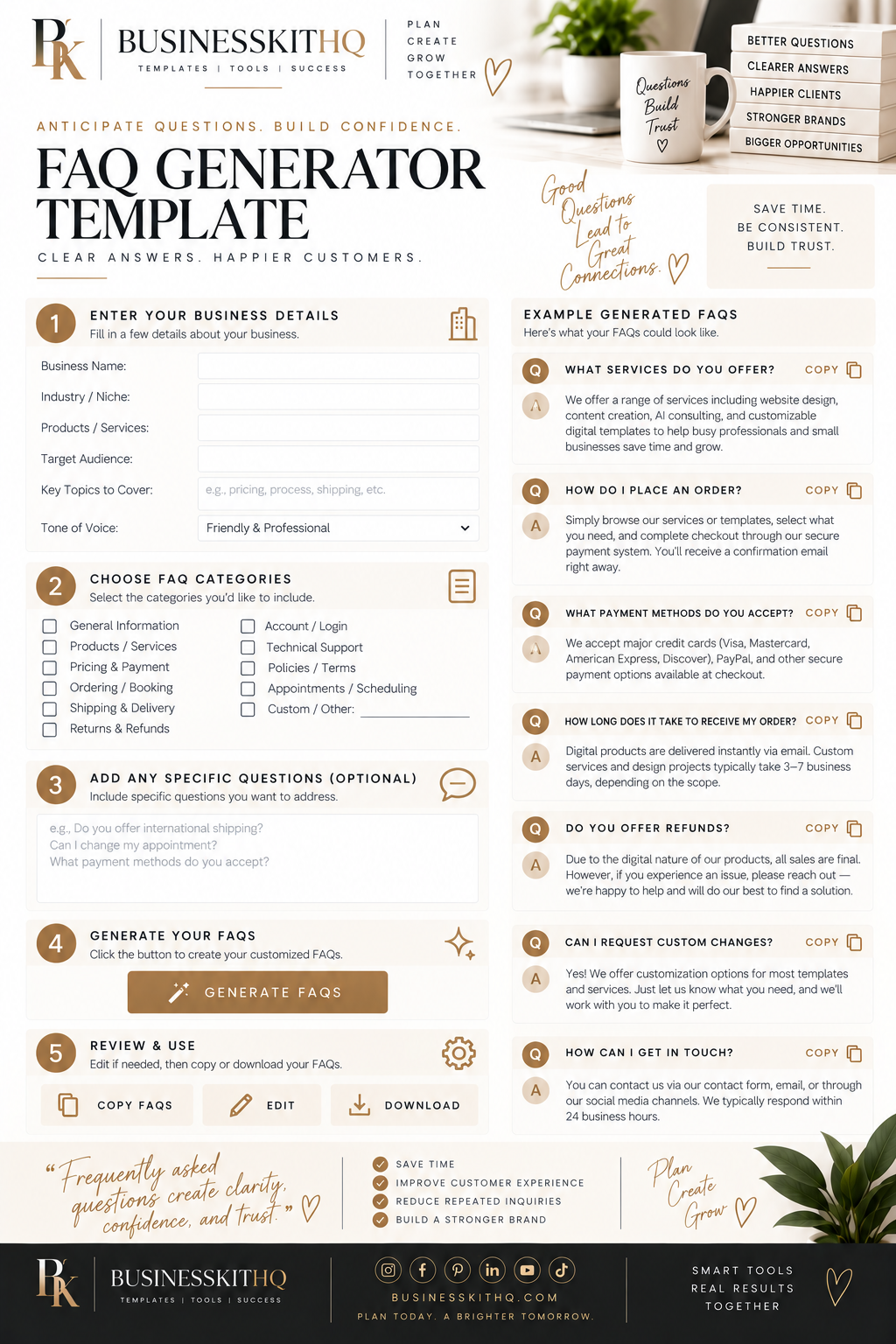 FAQ Generator Template — a worksheet for creating clear customer FAQs