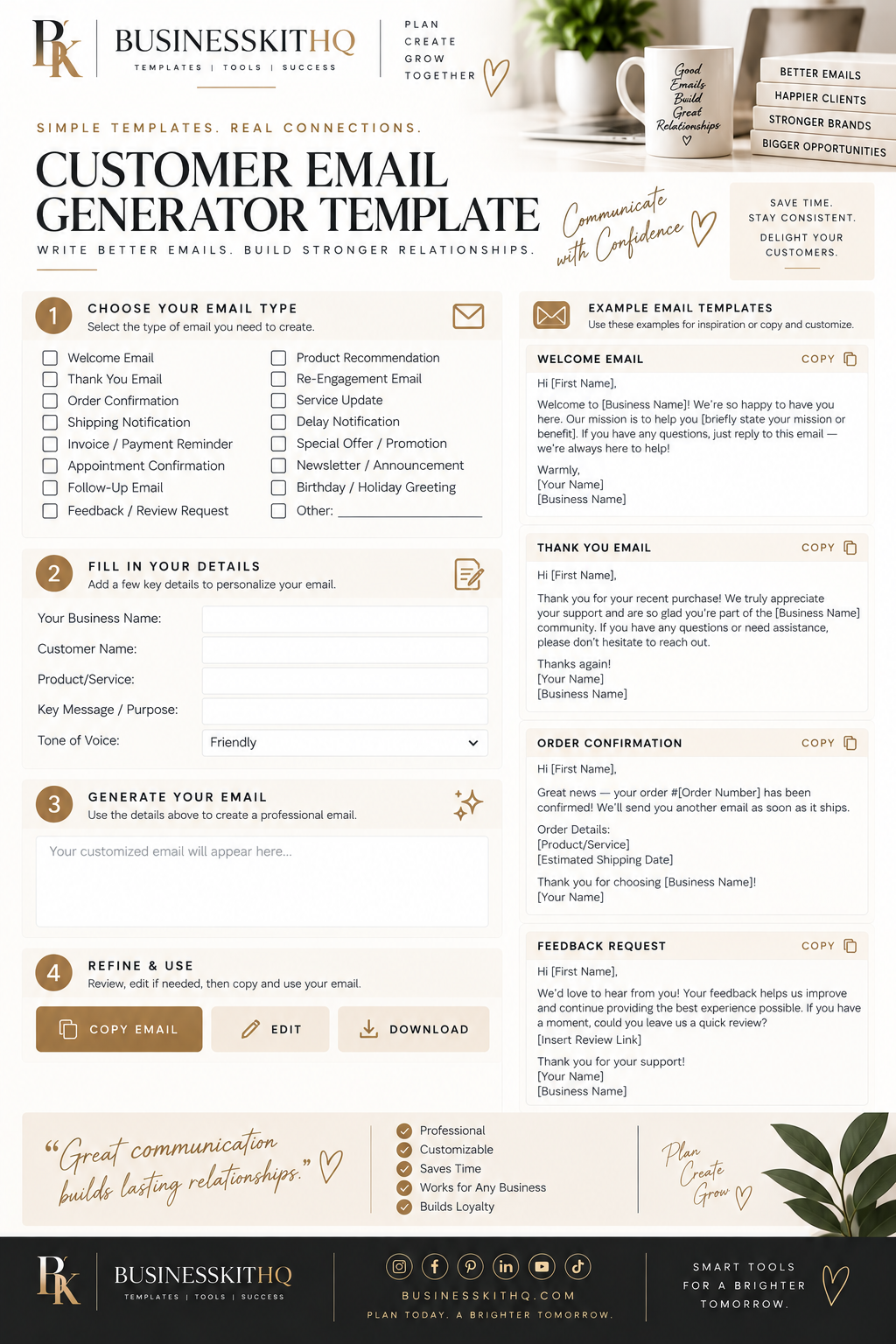 Customer Email Generator Template — choose email types, fill details, and generate professional customer emails