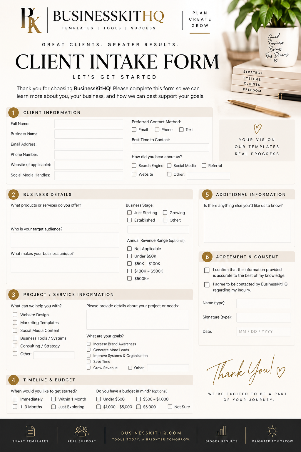 Client Intake Form Template — capture client details, project goals, budget, timeline, and consent