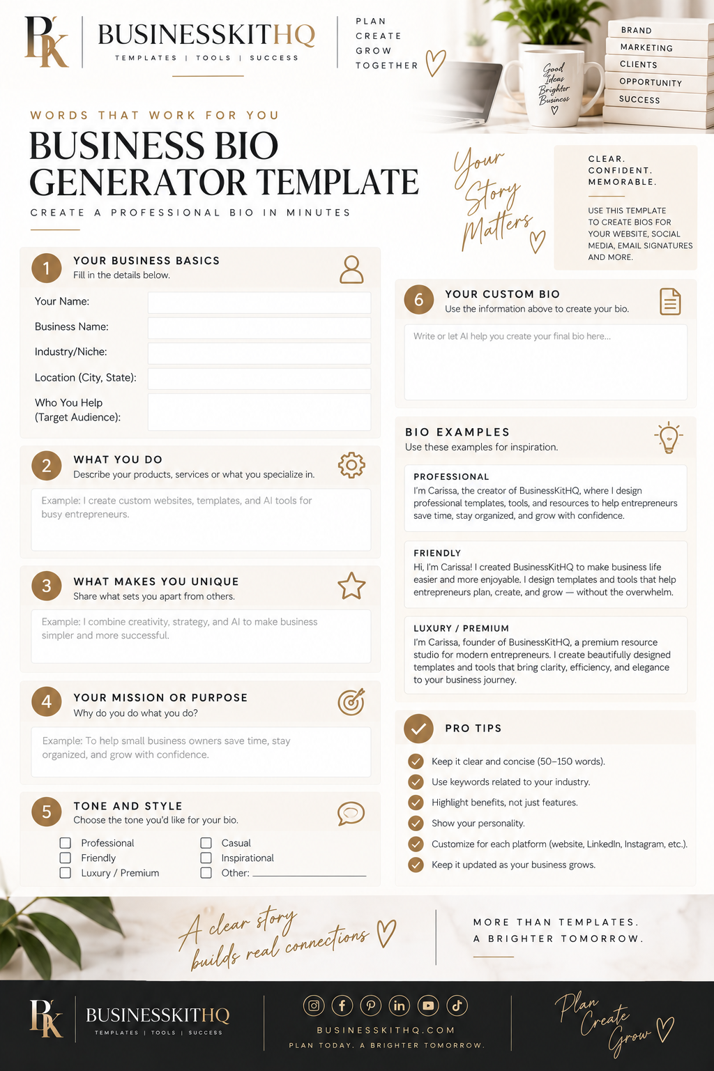 Business Bio Generator Template — a guided worksheet for creating professional business bios