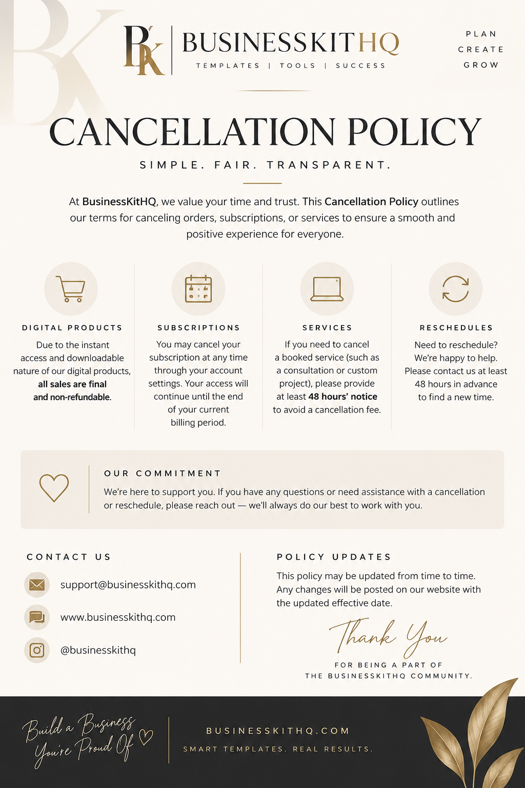 Cancellation Policy Template — simple, fair, transparent policy for digital products, subscriptions, services, and reschedules