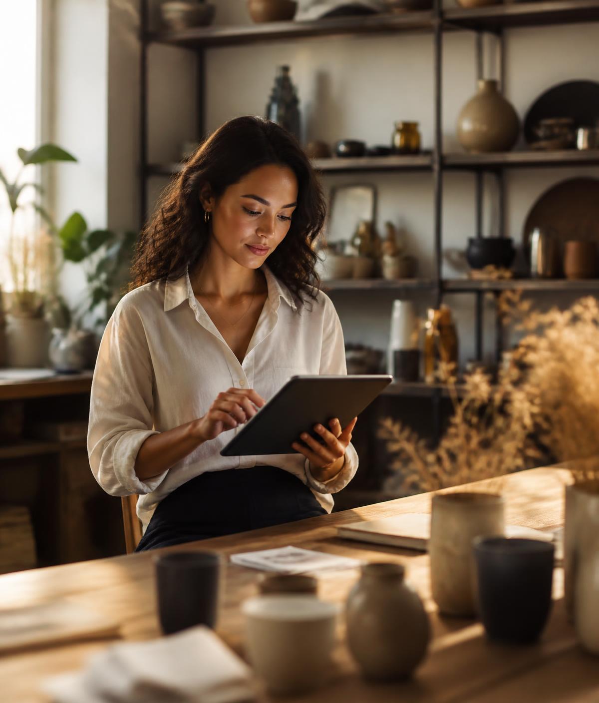 A small business owner reviewing her client documents on a tablet in a warm studio