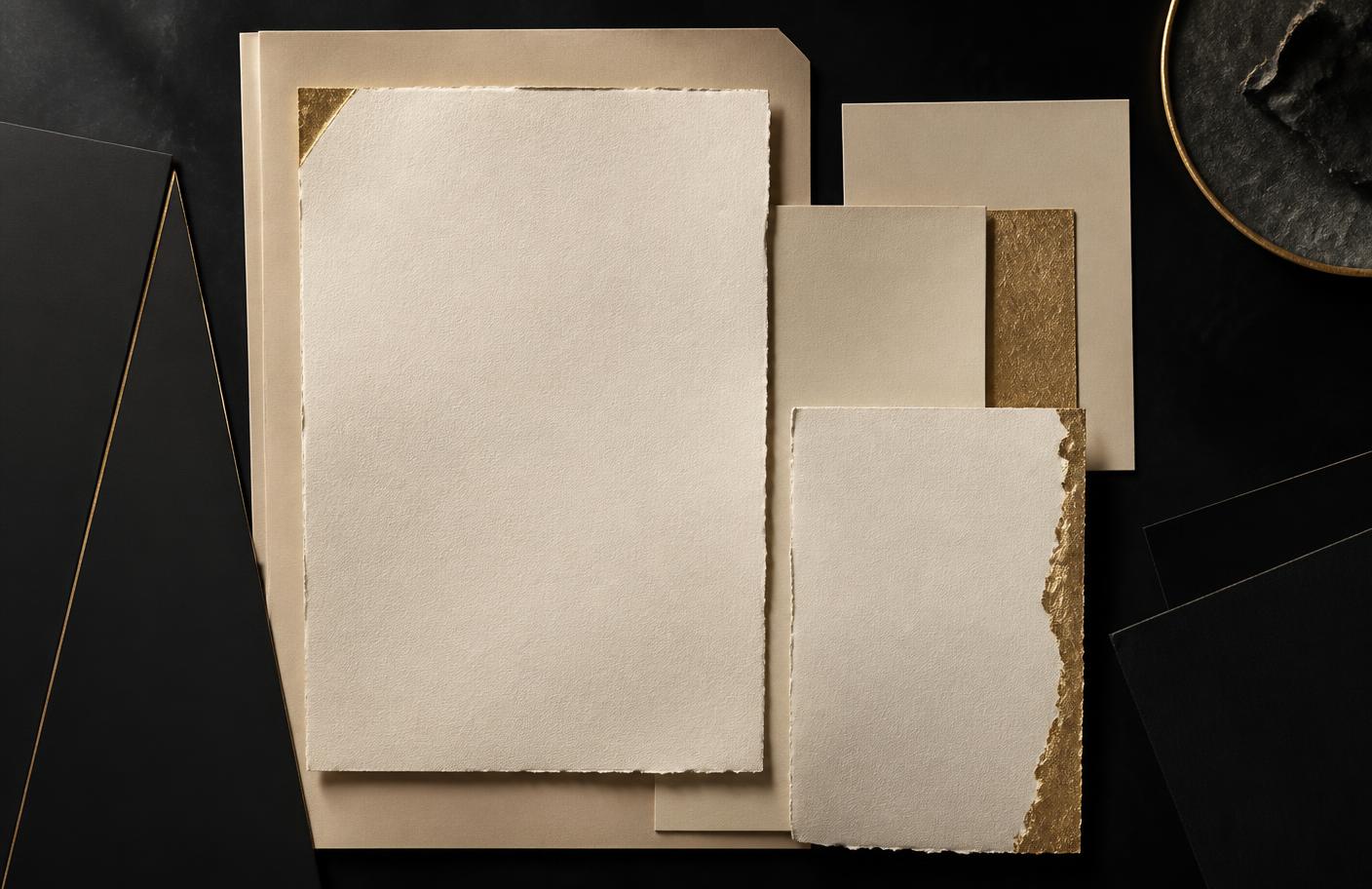Layered cream documents with gold foil edges